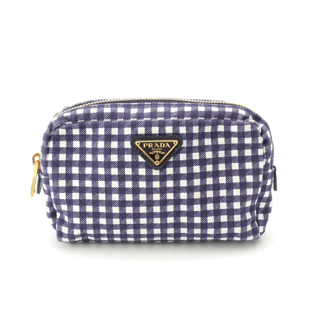 Prada Triangle Gingham Check Pouch Clutch White Blue